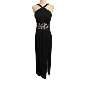 Vintage Dave Johnny Black Halter Maxi Dress With Sheer Floral Waist Side Slit